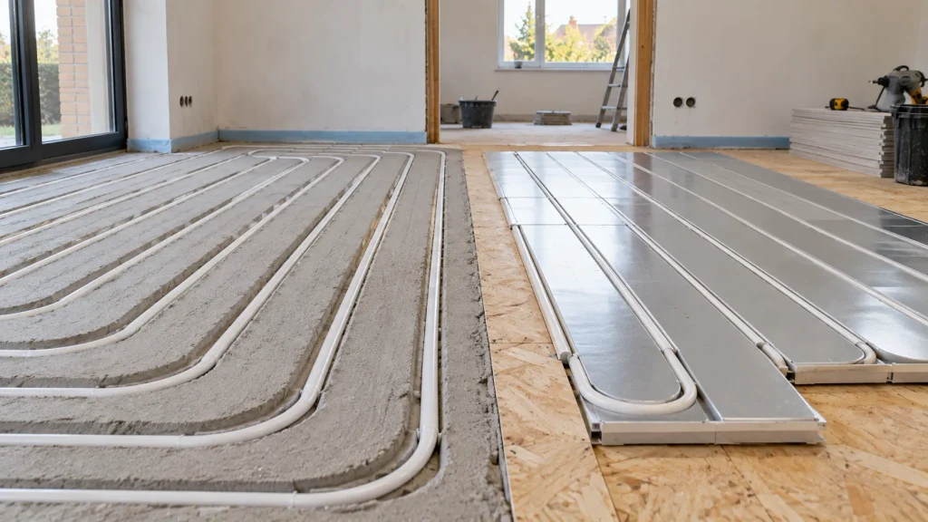 Ingefreesde vloerverwarming naast een droog opbouwsysteem