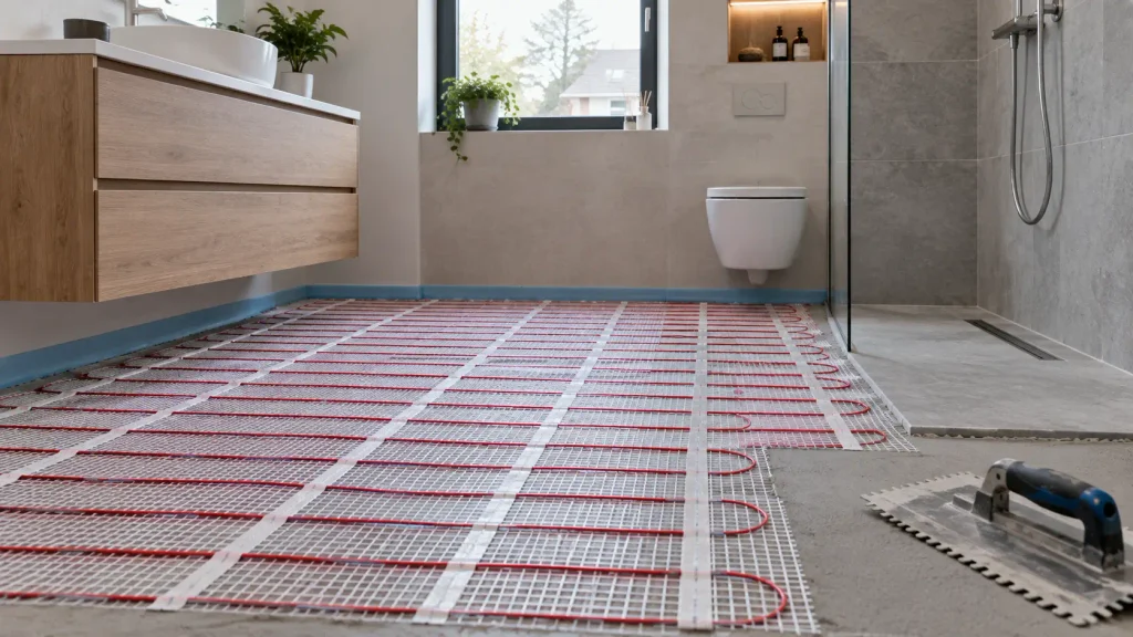 Elektrische vloerverwarming tijdens de aanleg van een badkamervloer