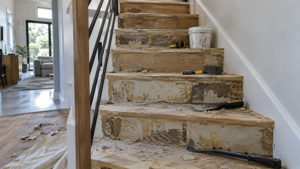 Trap tijdens voorbereiding met verwijderde bekleding en zichtbare lijmresten