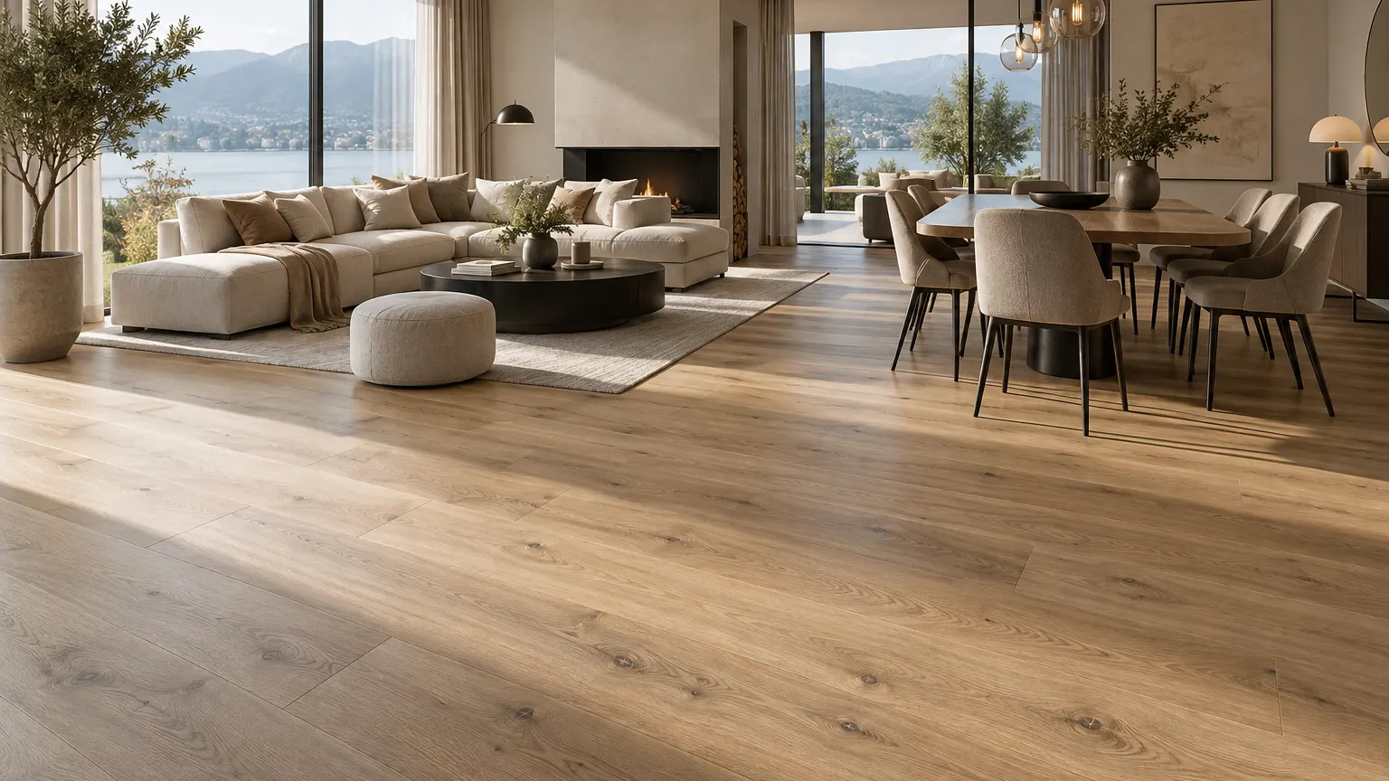Houtlook vloer in een moderne woonruimte met zithoek en eettafel