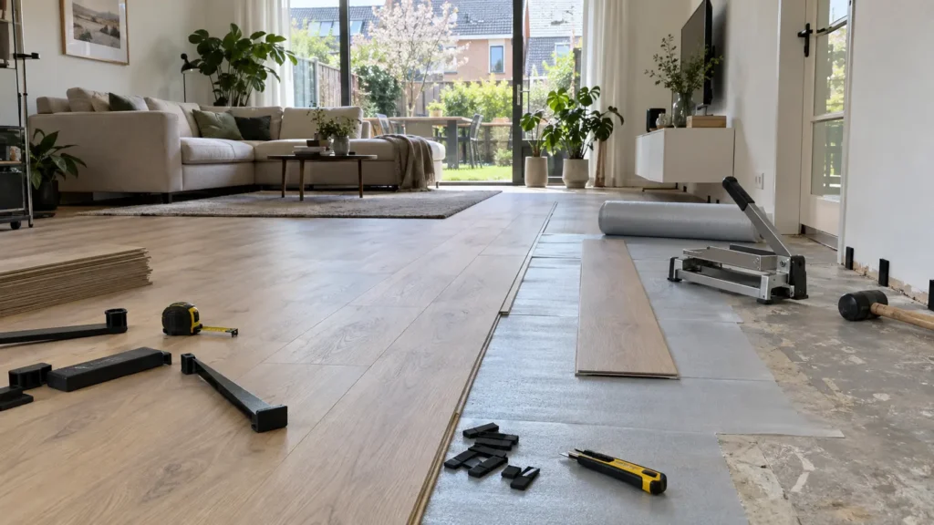 Laminaatvloer in aanbouw met zichtbare ondervloer