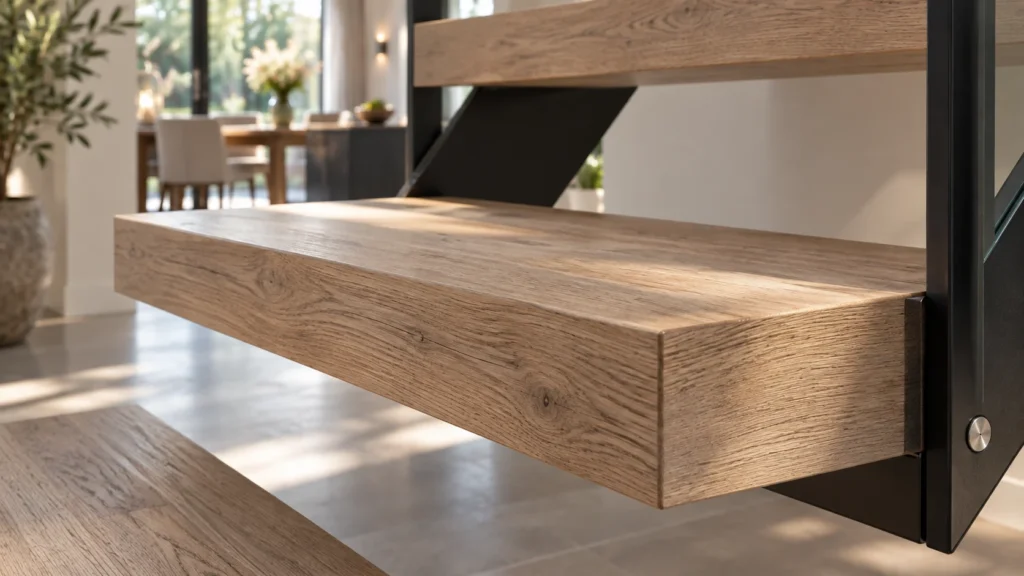 Detail van een open traptrede met zichtbare voorrand en onderzijde
