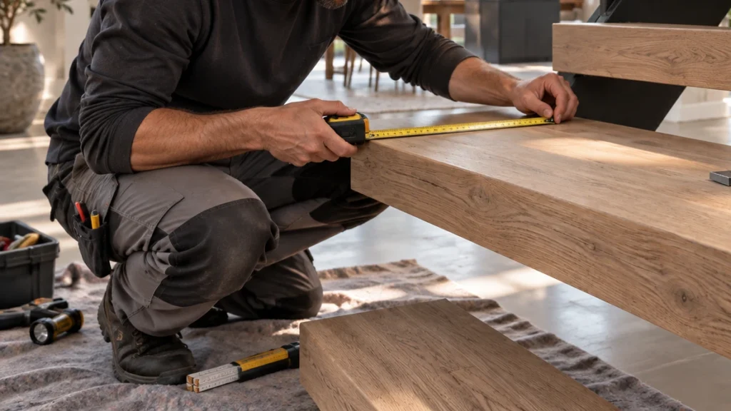 Open traptrede die wordt ingemeten voor nieuwe trapbekleding