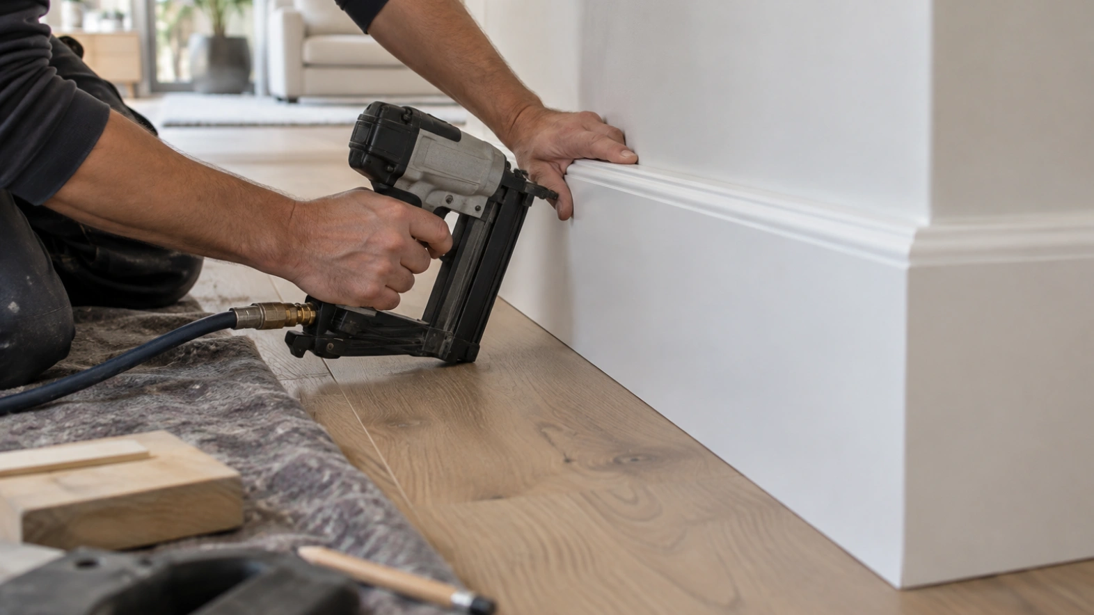 Vakman die een hoge wandplint langs een afgewerkte wand monteert