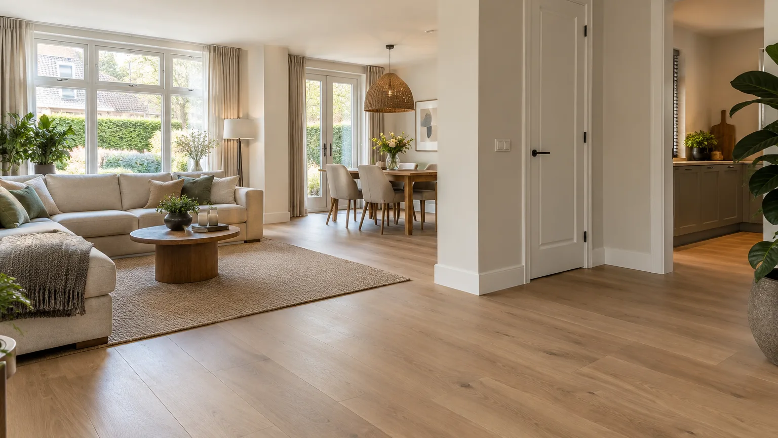 Afgewerkte woonruimte met doorlopende witte plinten langs de wanden