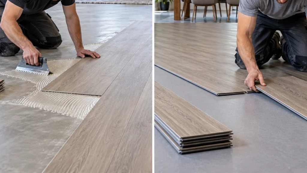 Vergelijking tussen verlijmd PVC en klik-PVC tijdens het leggen