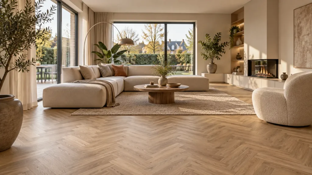 Afgewerkte visgraatvloer in een woonkamer met vloerverwarming