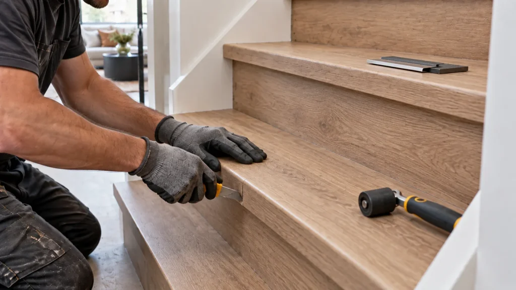 PVC-bekleding die nauwkeurig rond de trapneus wordt afgewerkt