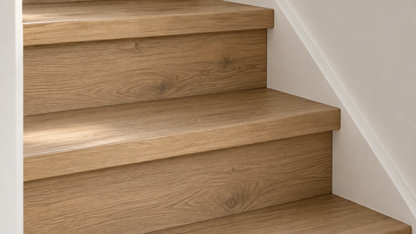 Detail van beklede traptreden met nette randafwerking