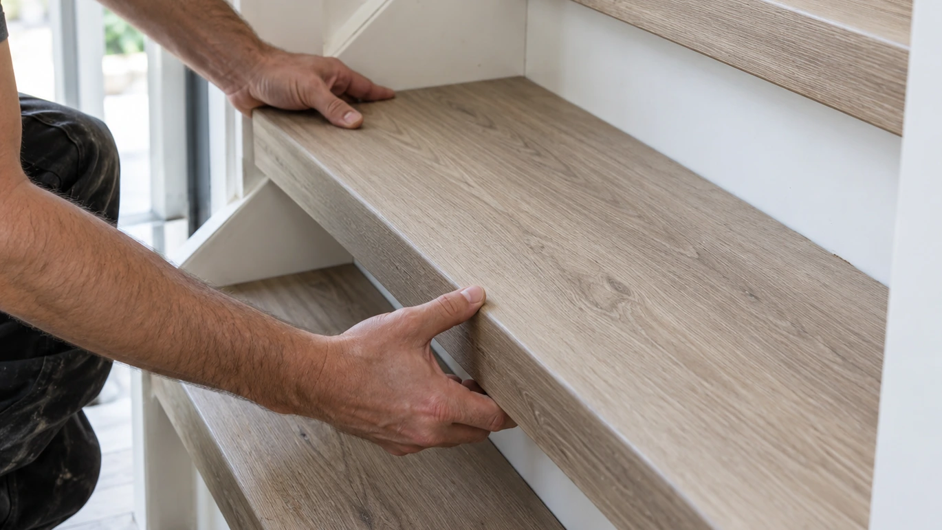 Trap laten bekleden waarbij een nieuw bekledingsdeel op de trede wordt geplaatst