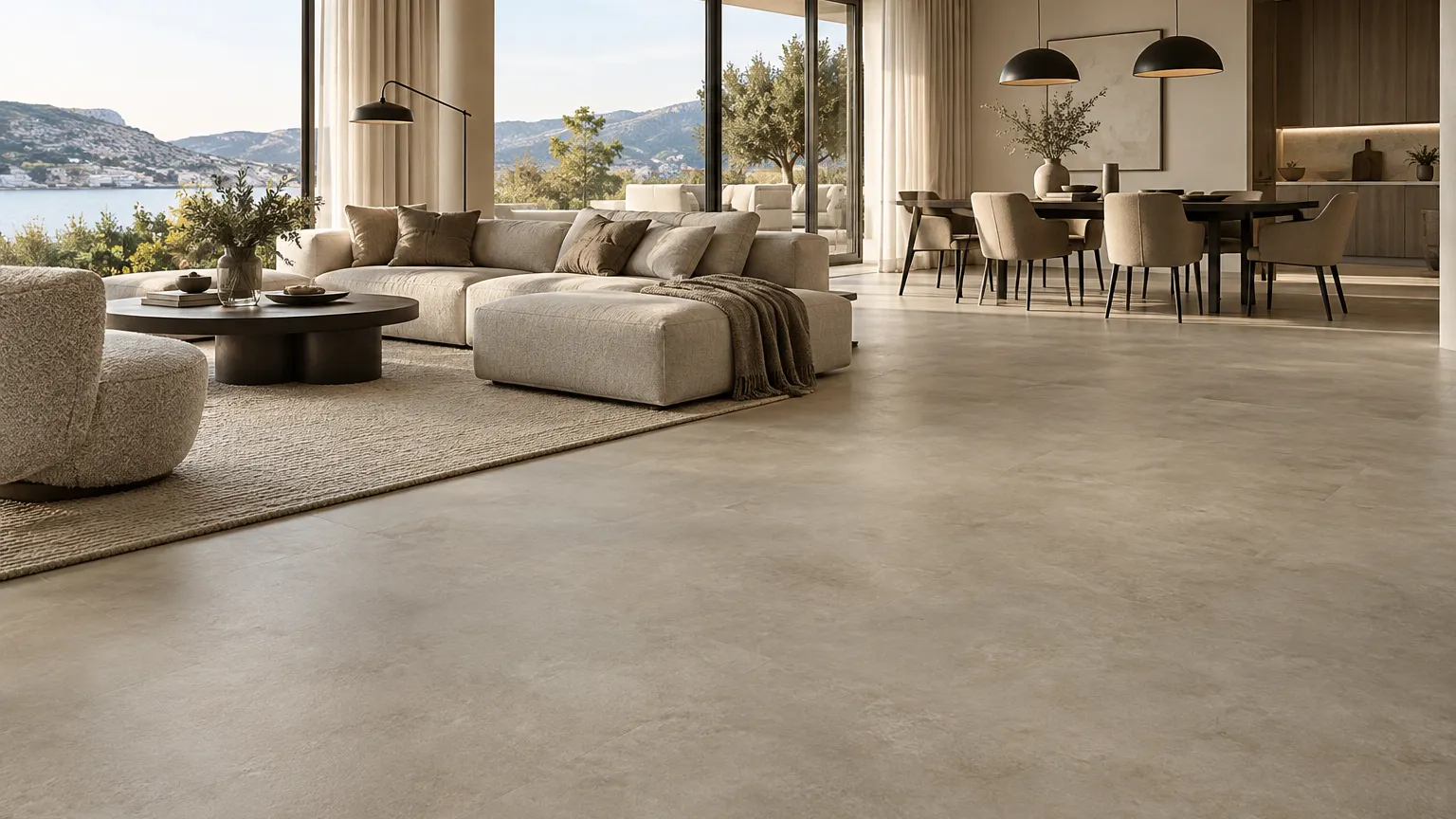 Vinyl vloer met betonlook in een lichte moderne woonkamer