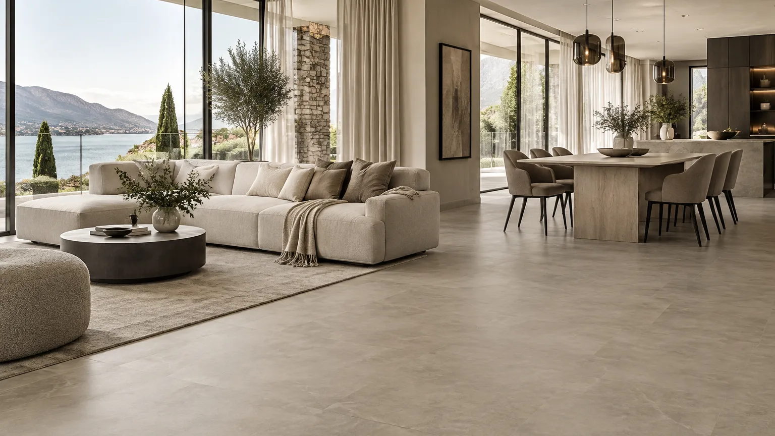 Ruime woonkamer met beige vloer, eethoek en open keuken