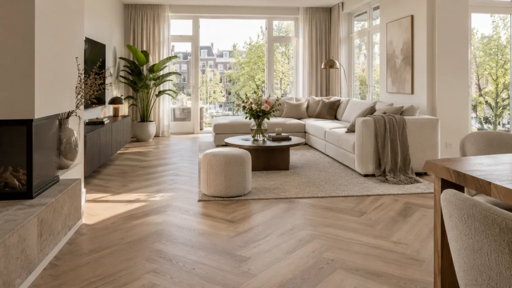 Licht visgraat laminaat in een moderne woonkamer