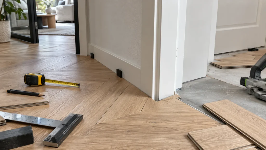 Visgraat laminaat op maat gemaakt langs een wand en deurkozijn
