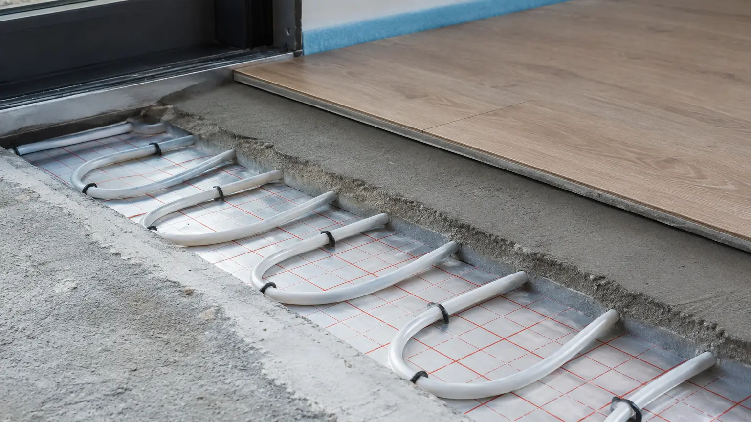 Open vloeropbouw met ondergrond, verwarmingsleidingen en bovenliggende vloerlaag