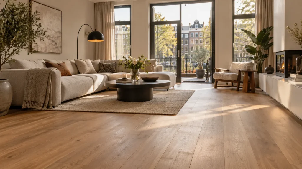 Afgewerkte houtlook vloer in een woonkamer met vloerverwarming